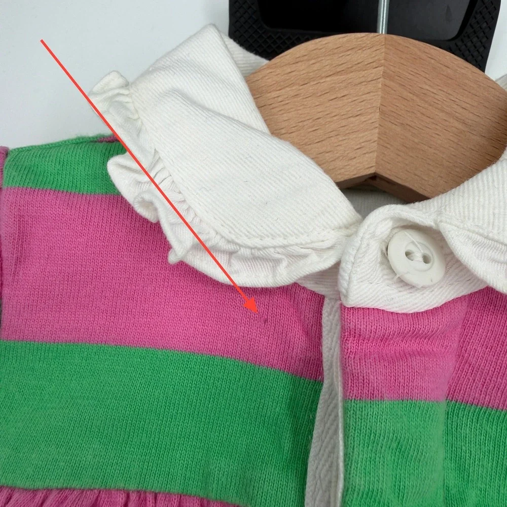 Ralph Lauren Baby Pink Green Striped Romper Ruffle Collar Embroidered‎ Pony 6 M